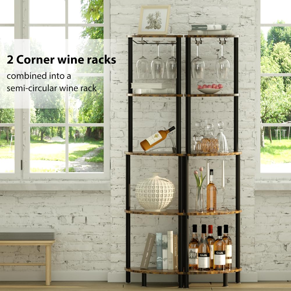 CRUDATE Corner Wine Rack Freestanding Floor Liquor Cabinet, 5 Tier Corner Bar Cabinet with Glass Holders Wine Storage Rack, Corner Bar Shelf for Home, Living Room, Kitchen, Dining Room, Rustic Brown