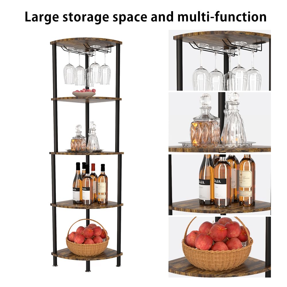 CRUDATE Corner Wine Rack Freestanding Floor Liquor Cabinet, 5 Tier Corner Bar Cabinet with Glass Holders Wine Storage Rack, Corner Bar Shelf for Home, Living Room, Kitchen, Dining Room, Rustic Brown