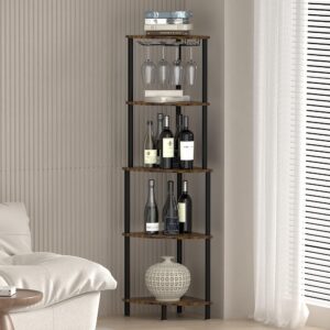 CRUDATE Corner Wine Rack Freestanding Floor Liquor Cabinet, 5 Tier Corner Bar Cabinet with Glass Holders Wine Storage Rack, Corner Bar Shelf for Home, Living Room, Kitchen, Dining Room, Rustic Brown