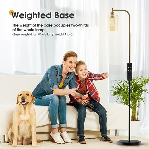 PAZZO LED Floor Lamp, Industrial Standing Lamp with Glass Lampshade, Ideal for Living Room, Bedroom, and Office, Matte Black Finish (Includes Remote Control)