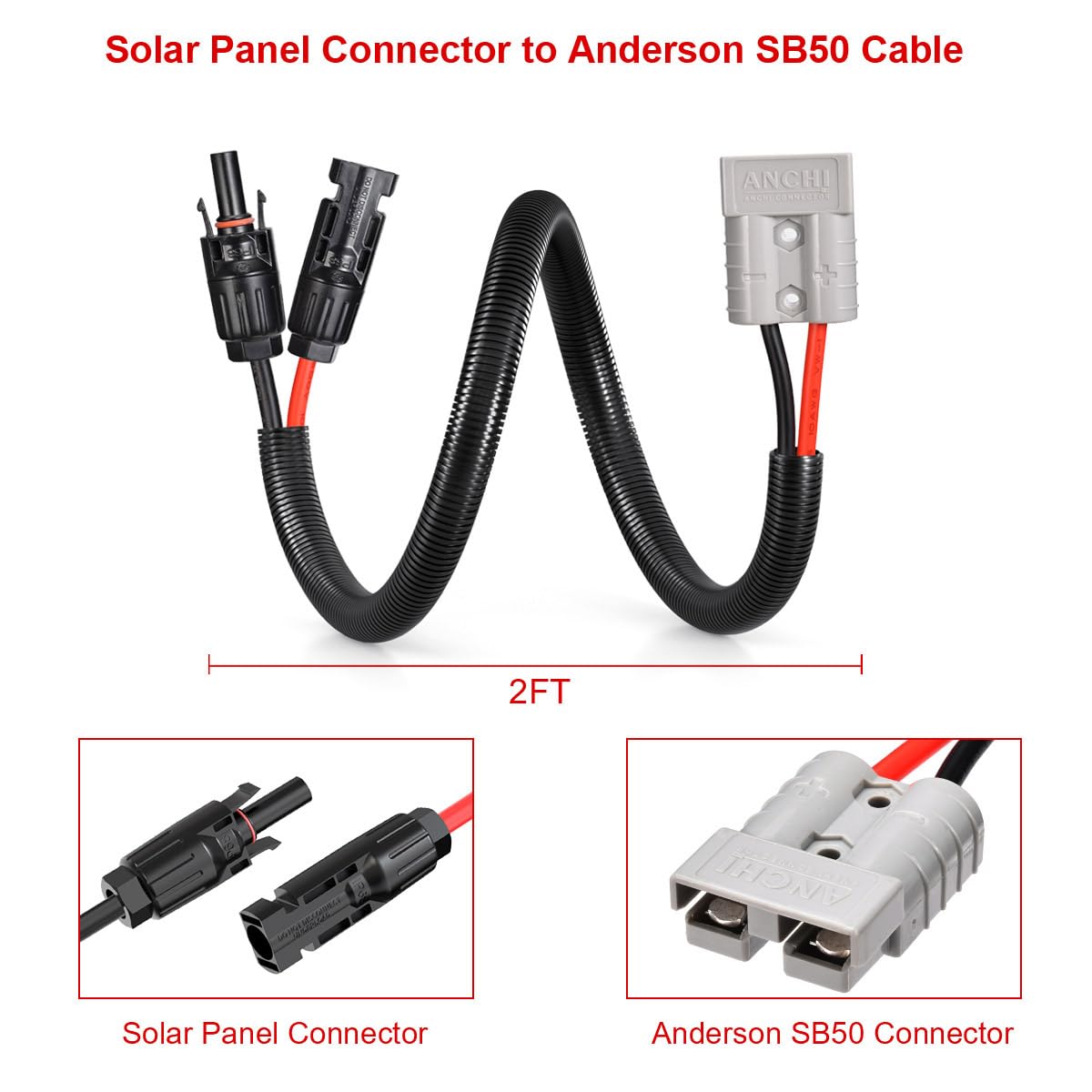 ELFCULB 10AWG Solar Panel Connector to Anderson 50A/600V Solar Connector Cable for Solar Generator Inverter Battery Pack Charger Kit(2FT)