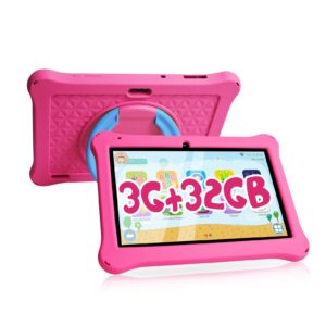 atmpc kids tablet 10 inch android 13 tablet for kids, 3gb ram+32gb rom toddler tablet with 6000mah battery ips hd display support wifi bluetooth parental control kids learing tablet with pink case