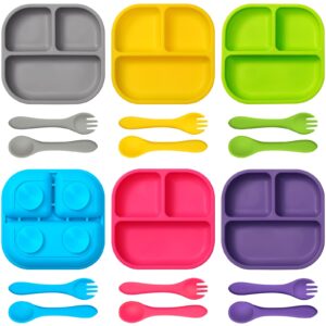 dandat 6 pack powerful suction plates for toddler baby 100% food grand silicone microwave and dishwasher safe with self feeding spoon fork utensils set divided plates for boys girls (bright colors)