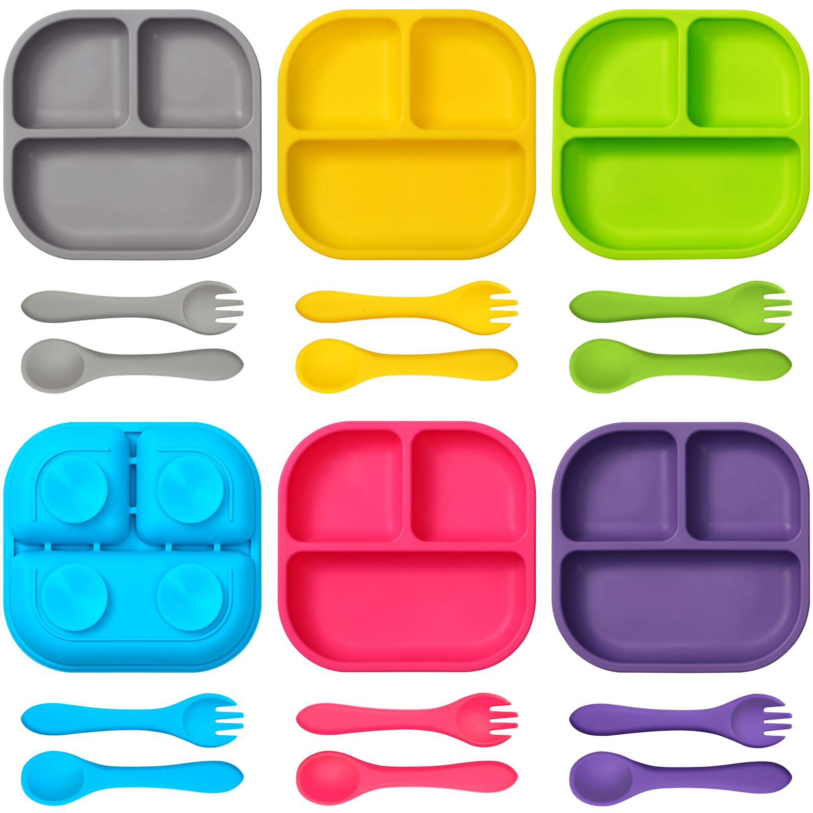 Dandat 6 Pack Powerful Suction Plates for Toddler Baby 100% Food Grand Silicone Microwave and Dishwasher Safe with Self Feeding Spoon Fork Utensils Set Divided Plates for Boys Girls (Bright Colors)