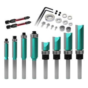 csoom 8pcs router bits , 4 flush trim router bits , 4 pattern flush trim router bits , with 2 impact magnetic bits , 6 bearings , 2 wrenches, ideal for cutting on wooden materials