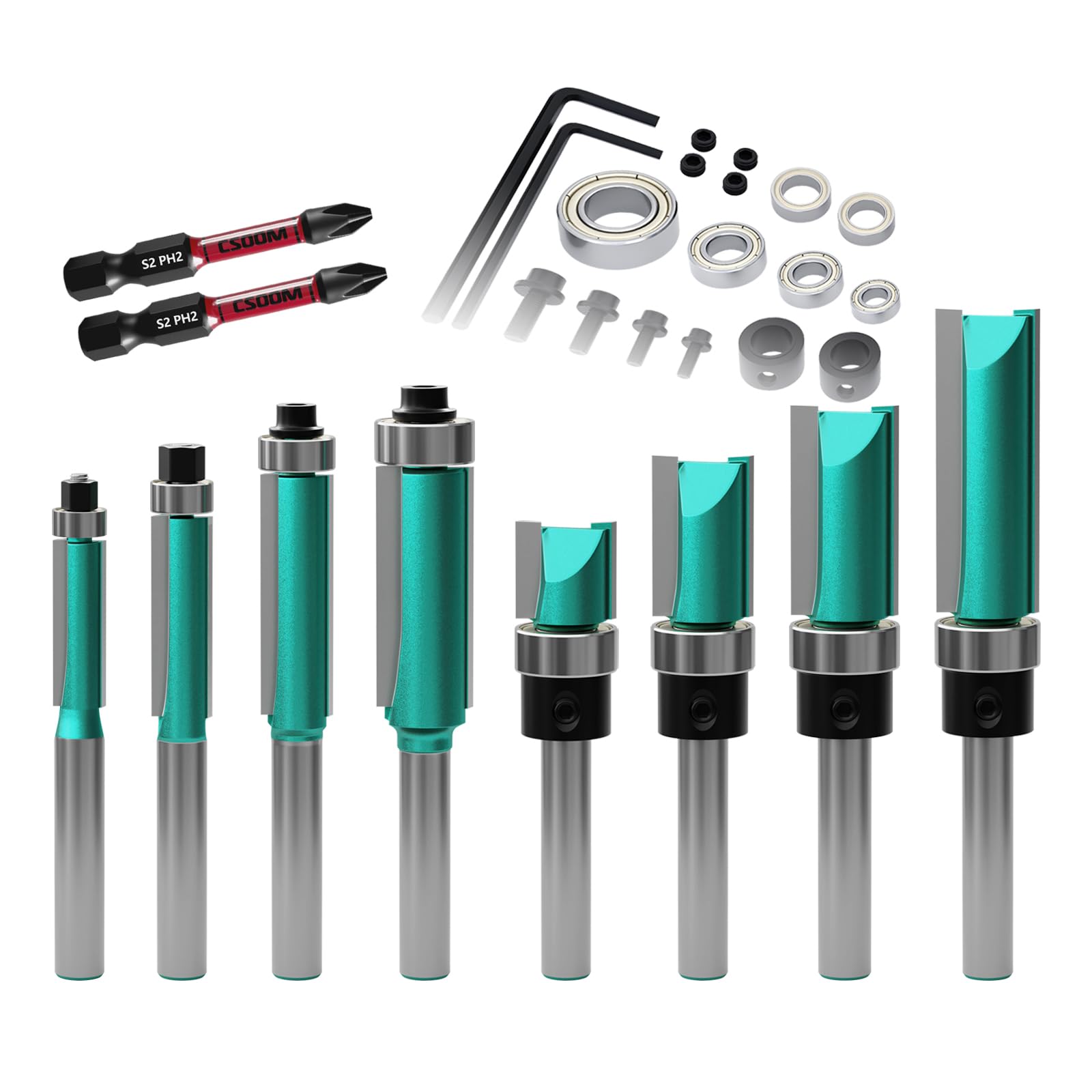 CSOOM 8PCS Router Bits , 4 Flush Trim Router Bits , 4 Pattern Flush Trim Router Bits , with 2 Impact Magnetic Bits , 6 Bearings , 2 Wrenches, Ideal for Cutting on Wooden Materials