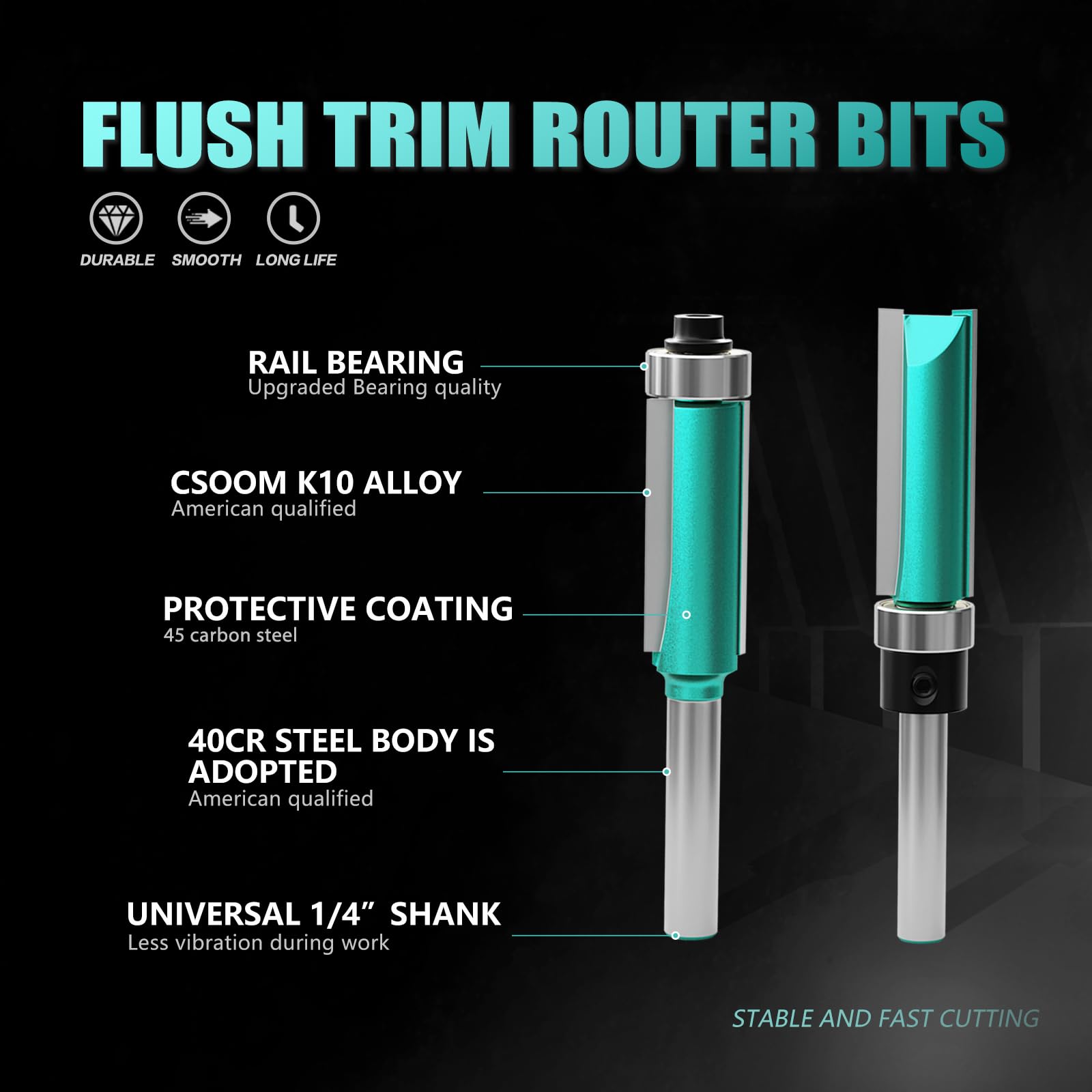 CSOOM 8PCS Router Bits , 4 Flush Trim Router Bits , 4 Pattern Flush Trim Router Bits , with 2 Impact Magnetic Bits , 6 Bearings , 2 Wrenches, Ideal for Cutting on Wooden Materials