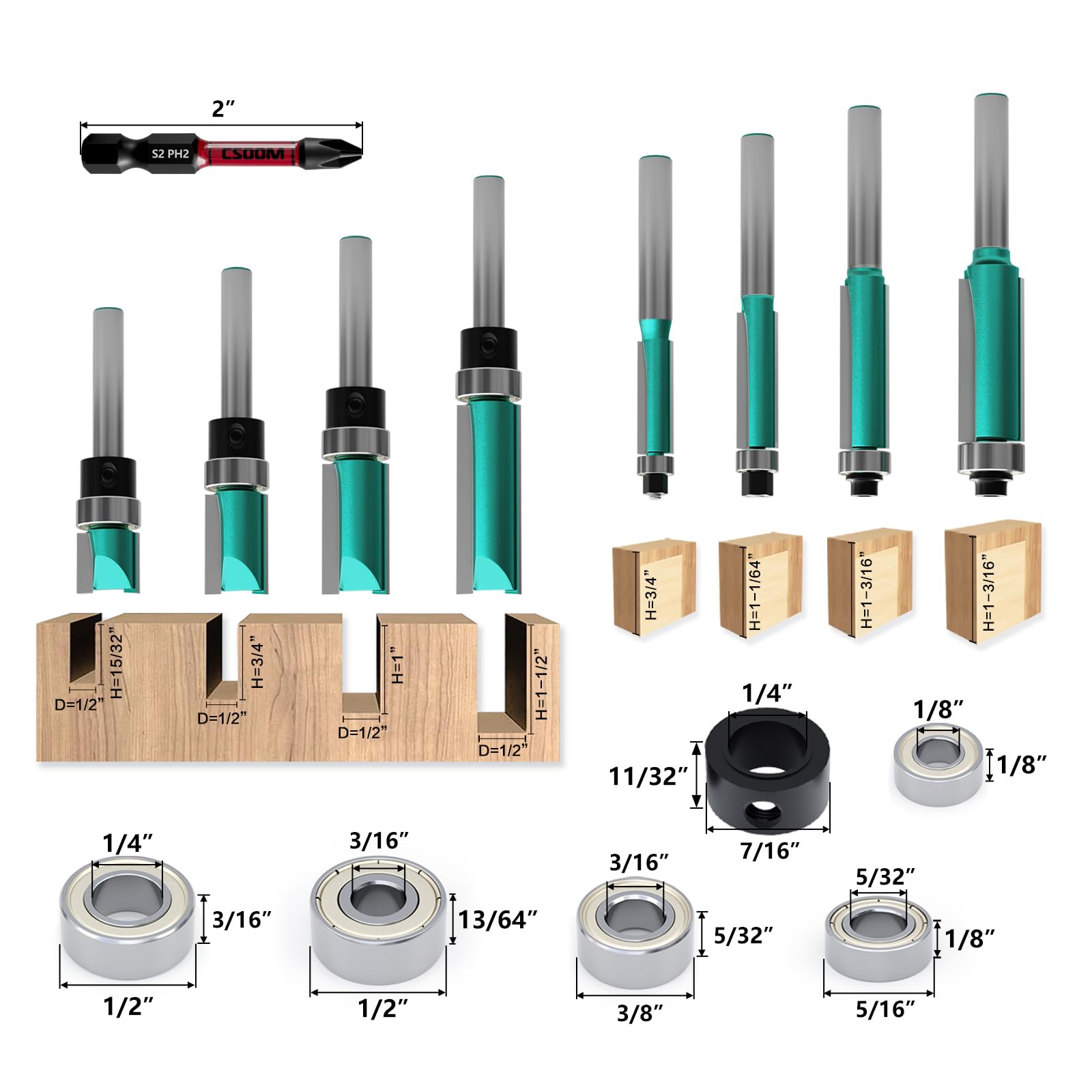 CSOOM 8PCS Router Bits , 4 Flush Trim Router Bits , 4 Pattern Flush Trim Router Bits , with 2 Impact Magnetic Bits , 6 Bearings , 2 Wrenches, Ideal for Cutting on Wooden Materials