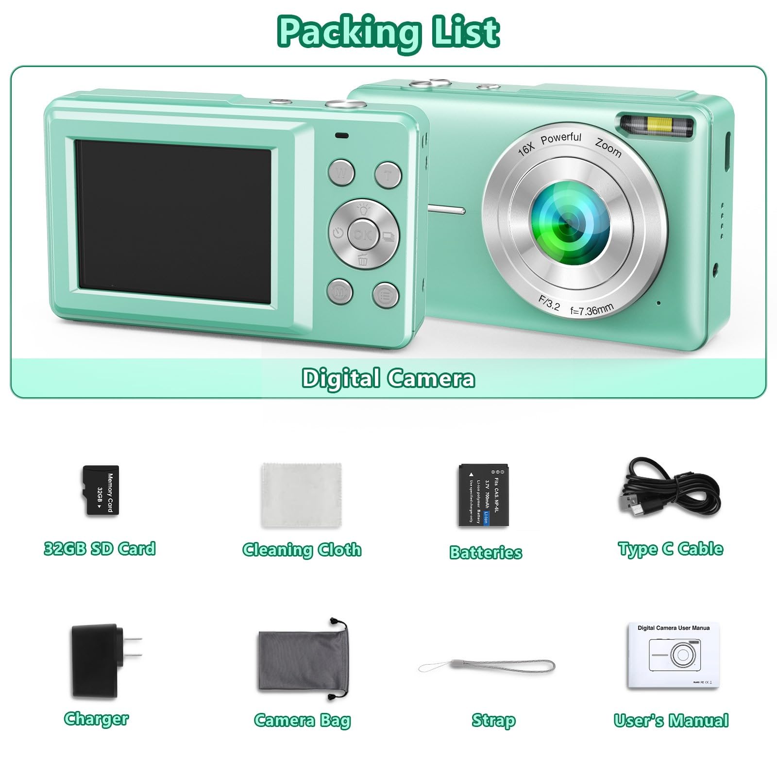 Digital Camera, FHD 1080P Point and Shoot Digital Camera for Kids with 16X Zoom, Anti-Shake, 44MP Vlogging Cameras with 32GB Card, Compact Small Digital Camera for Teens, Girls, Boys Students