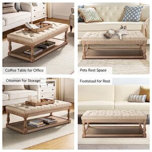 HULALA HOME Rectangle Ottoman Coffee Table with Tray, Tufted Living Room Ottoman with Solid Wood Storage Shelf, Upholstered Large Footrest Ottoman - Linen