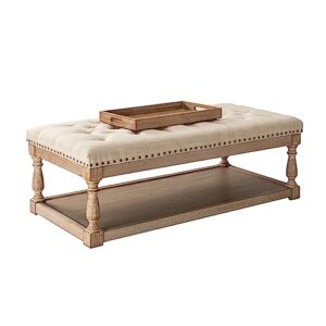 HULALA HOME Rectangle Ottoman Coffee Table with Tray, Tufted Living Room Ottoman with Solid Wood Storage Shelf, Upholstered Large Footrest Ottoman - Linen