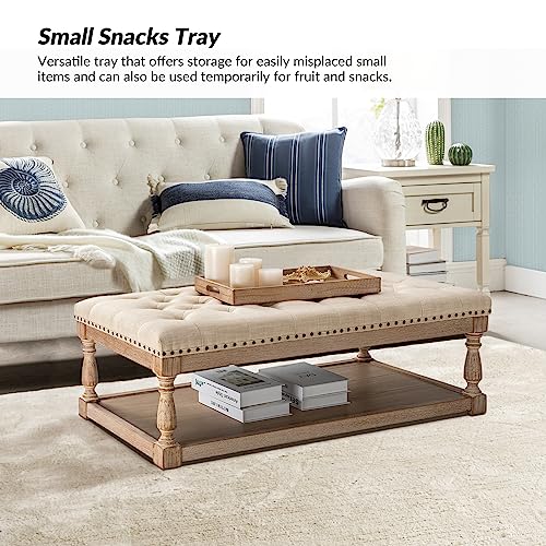 HULALA HOME Rectangle Ottoman Coffee Table with Tray, Tufted Living Room Ottoman with Solid Wood Storage Shelf, Upholstered Large Footrest Ottoman - Linen