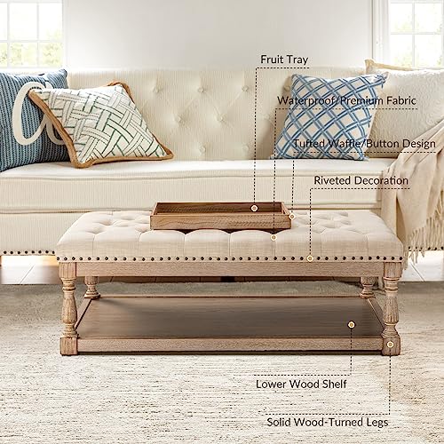 HULALA HOME Rectangle Ottoman Coffee Table with Tray, Tufted Living Room Ottoman with Solid Wood Storage Shelf, Upholstered Large Footrest Ottoman - Linen