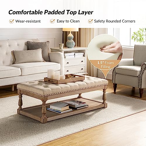 HULALA HOME Rectangle Ottoman Coffee Table with Tray, Tufted Living Room Ottoman with Solid Wood Storage Shelf, Upholstered Large Footrest Ottoman - Linen