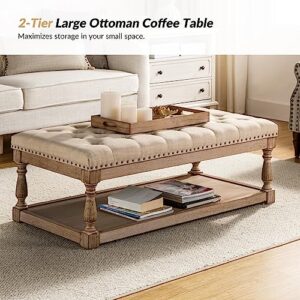 HULALA HOME Rectangle Ottoman Coffee Table with Tray, Tufted Living Room Ottoman with Solid Wood Storage Shelf, Upholstered Large Footrest Ottoman - Linen