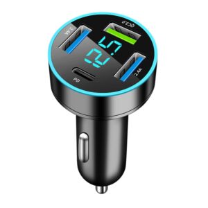 agek car charger, 4 port usb c car adapter, pd 3.0 & qc 3.0 fast charging, voltage display, led atmosphere light, wide compatibility for iphone, samsung, ipad & tablets