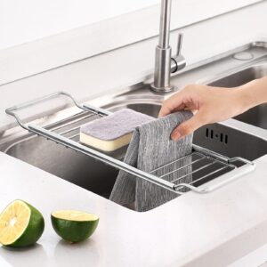 susunnus Stainless Steel Telescopic Kitchen Sink Storage Rack Caddy Sponge Holder Expandable Over The Sink Rack Organizer 4.72" x 16.14" x 0.78"