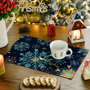 Artoid Mode Blue Snowflakes Hexagon Winter Placemats Set of 6, 12x18 Inch Seasonal Christmas Table Mats for Party Kitchen Dining Decor