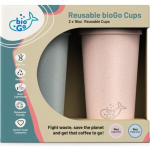 biogo reusable coffee cups - faded pink & pastel gray - 16oz x 2 - microwave & dishwasher safe - perfect for couples