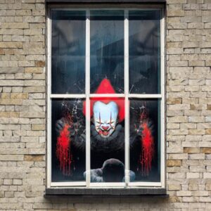 halloween window cover decorations, fabric creepy clown joker halloween curtain horror movie poster window door covering decor for haunted house, scary halloween window clings decals indoor outdoor