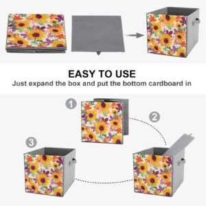 DamTma Storage Cubes Fall Sunflowers 11 Inch Cube Storage Bin with Handles Maple Leaves Fabric Collapsible Cube Baskets for Shelf Toys Clothing Books