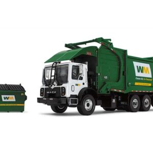 Mack TerraPro Waste Management Refuse Garbage Truck with Heil Half/Pack Freedom Front End Loader and CNG Tailgate White and Green with Garbage Bin 1/34 Diecast Model by First Gear 10-4006D