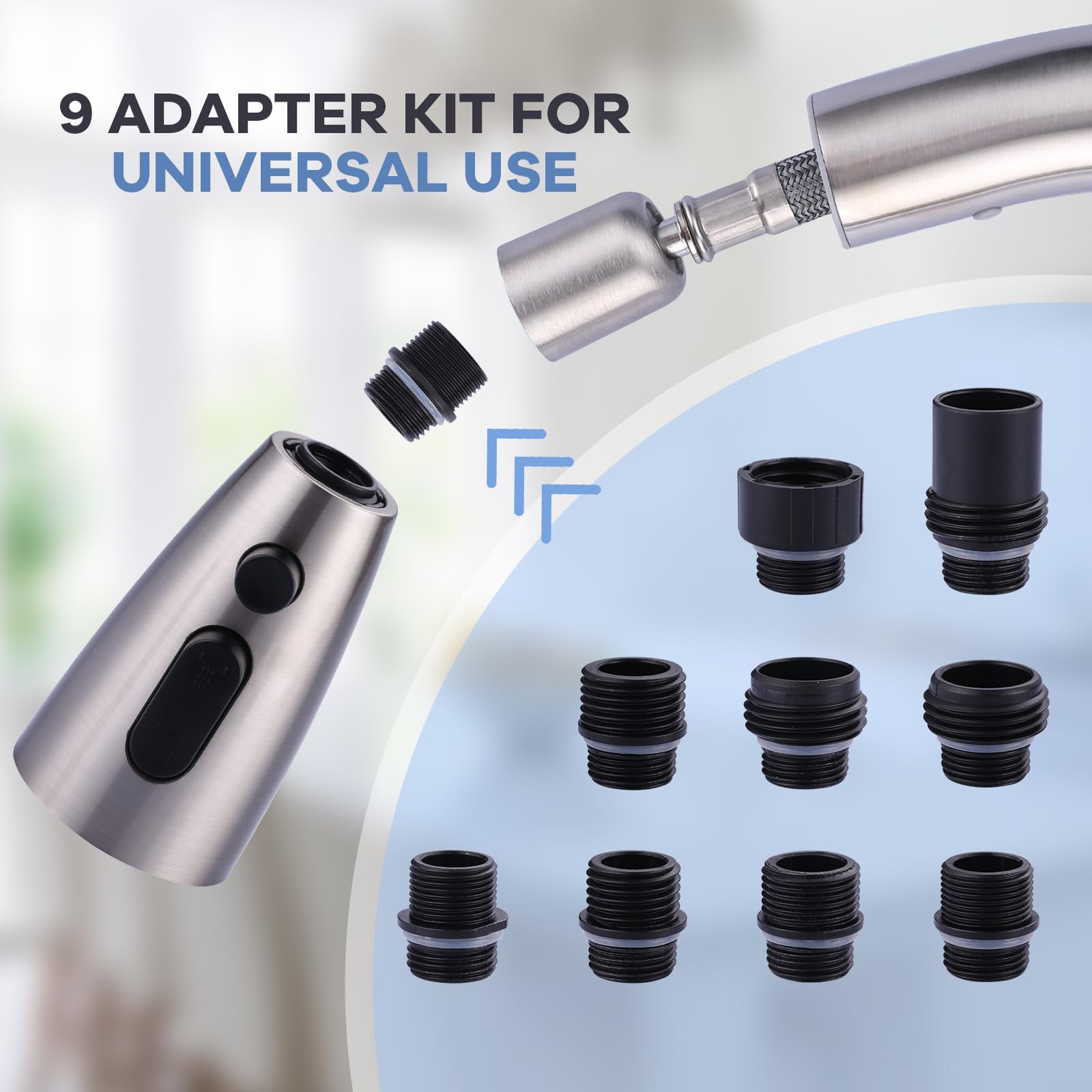 WOWOW Kitchen Faucet Head Replacement Brushed Nickel, 3 Function Pull Out Spray Nozzle with 9 Adapters for Kitchen Sink Faucet，American Standard for Moen Kohler Delta Faucets G1/2 Male Connector