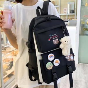 MININAI Kawaii Backpack Set with Cute Pendant Fit 15.6 inch Laptop Women Kawaii Korean Aesthetic Preppy Accessories (Black,One Size)