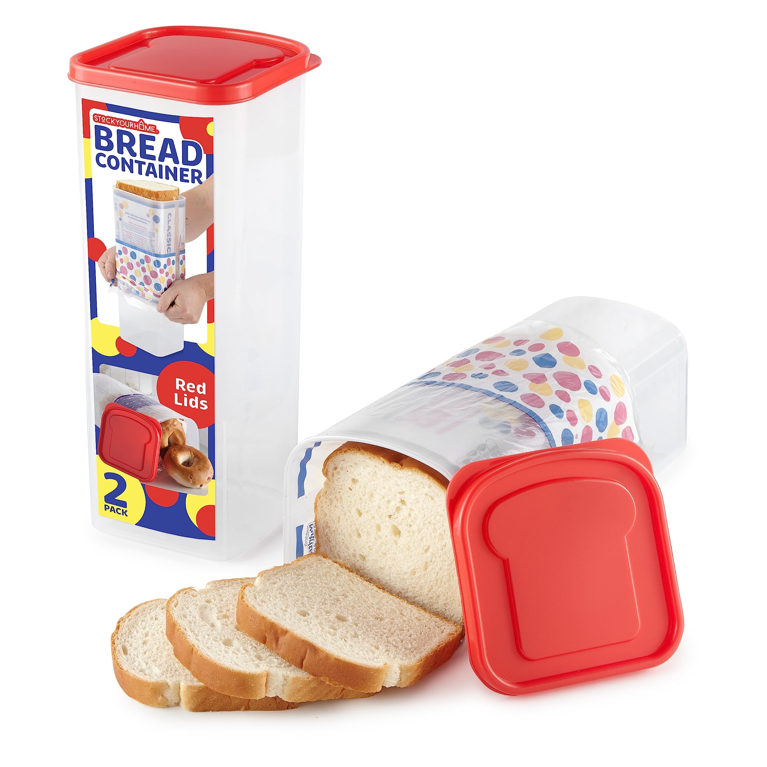 Stock Your Home Bread Container (2 Pack) Bread Loaf Keeper, Fresh Bread Storage Container, Clear Sandwich Bread Saver, Bread Holder - Bread Bin for Bun, Bagel, and Bread Loaf, Plastic Bread Box (Red)