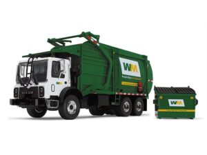 mack terrapro waste management refuse garbage truck with wittke front load white and green with garbage bin 1/34 diecast model by first gear 10-4001d