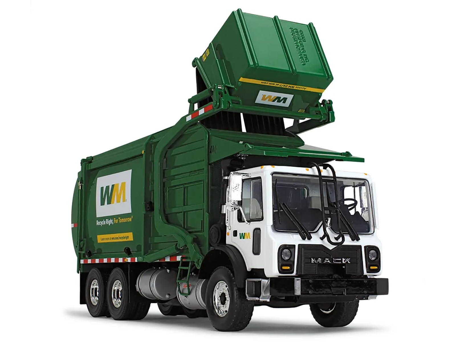 Mack TerraPro Waste Management Refuse Garbage Truck with Wittke Front Load White and Green with Garbage Bin 1/34 Diecast Model by First Gear 10-4001D