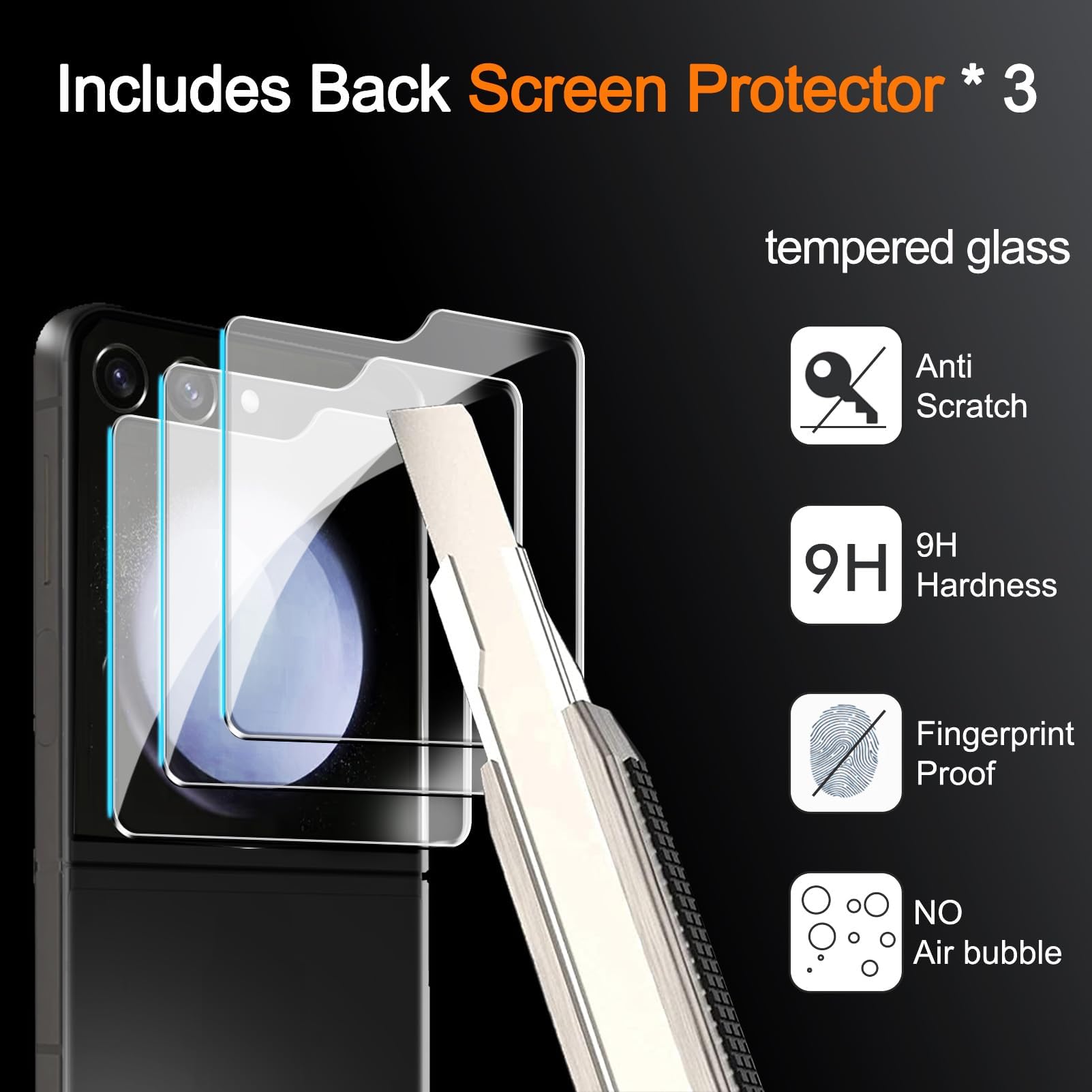 Milomdoi [9 in 1] for Samsung Galaxy Z Flip 5 Screen Protector, 3 Pack Inner Screen Flexible Film + 3 Pack Tempered Glass Back Screen Protector + 3 Pack Camera Protector with Easy Installation Frame