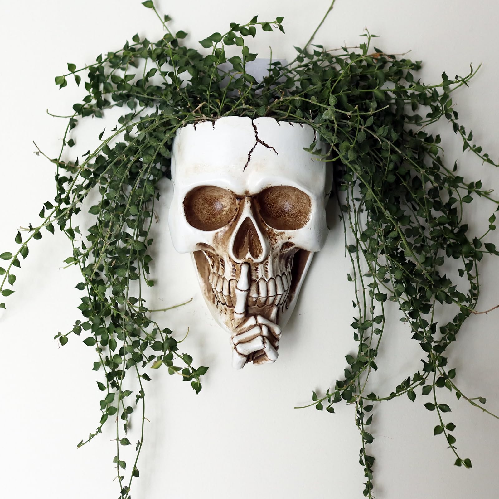 Dolkgy Skull Wall Planter for Indoor Outdoor Plants, Hanging Skull Vase Unique Face Flower Pot Head Planters, Resin Skeleton Gothic Planter for Home Decorations, White Skull Hanging Planter