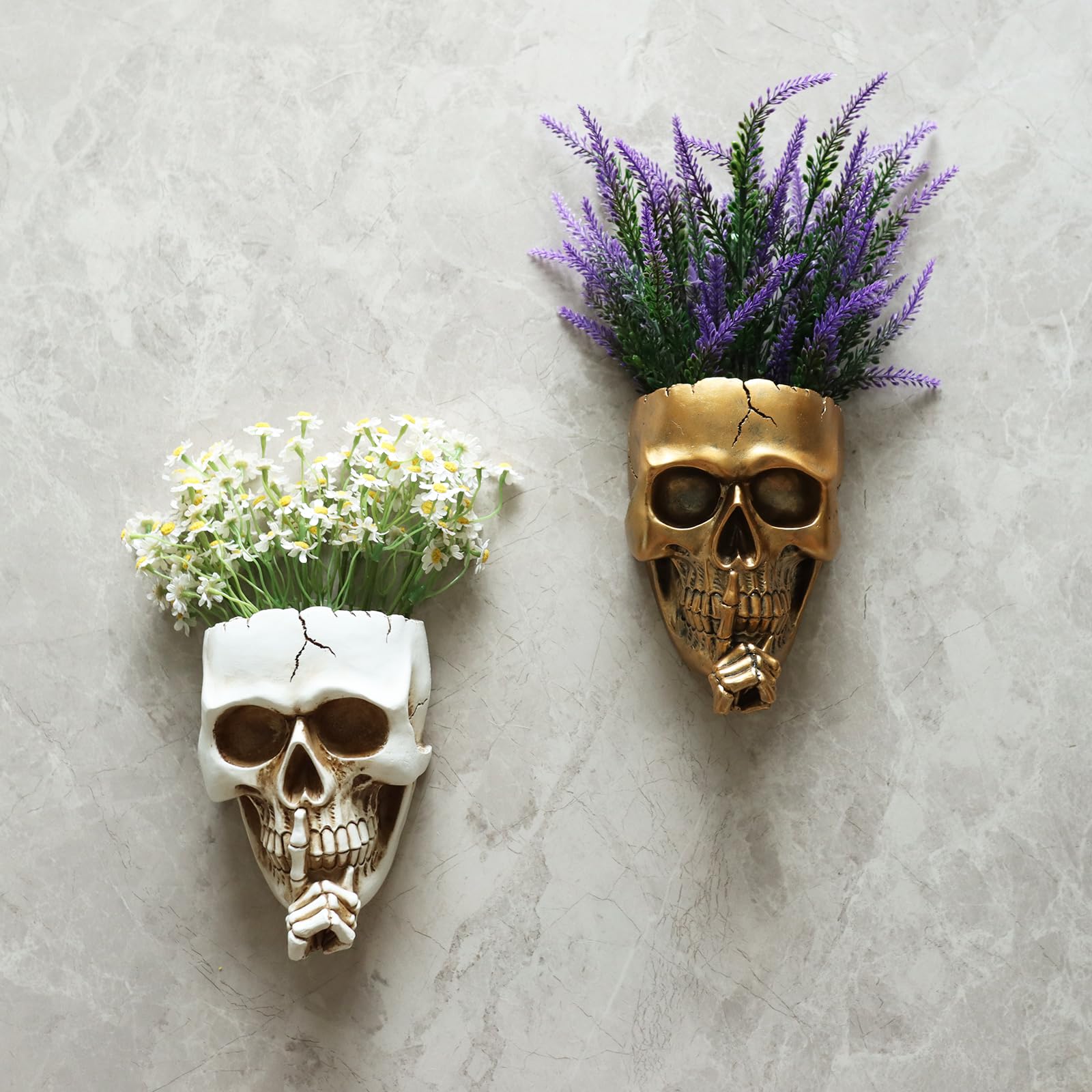 Dolkgy Skull Wall Planter for Indoor Outdoor Plants, Hanging Skull Vase Unique Face Flower Pot Head Planters, Resin Skeleton Gothic Planter for Home Decorations, White Skull Hanging Planter