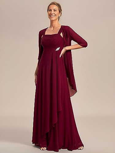 Ever-Pretty Women's Asymmetry Hem Chiffon Crystal Pleated Maxi Evening Dress with Brooch Burgundy US10