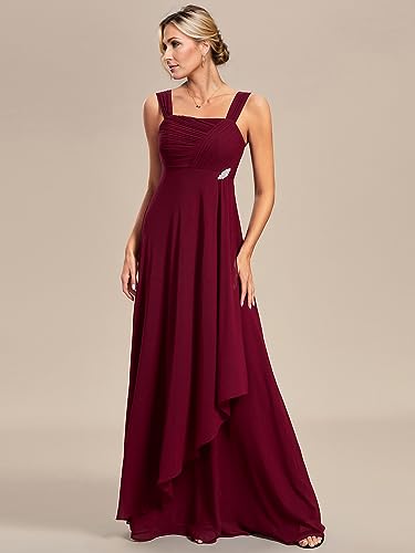 Ever-Pretty Women's Asymmetry Hem Chiffon Crystal Pleated Maxi Evening Dress with Brooch Burgundy US10