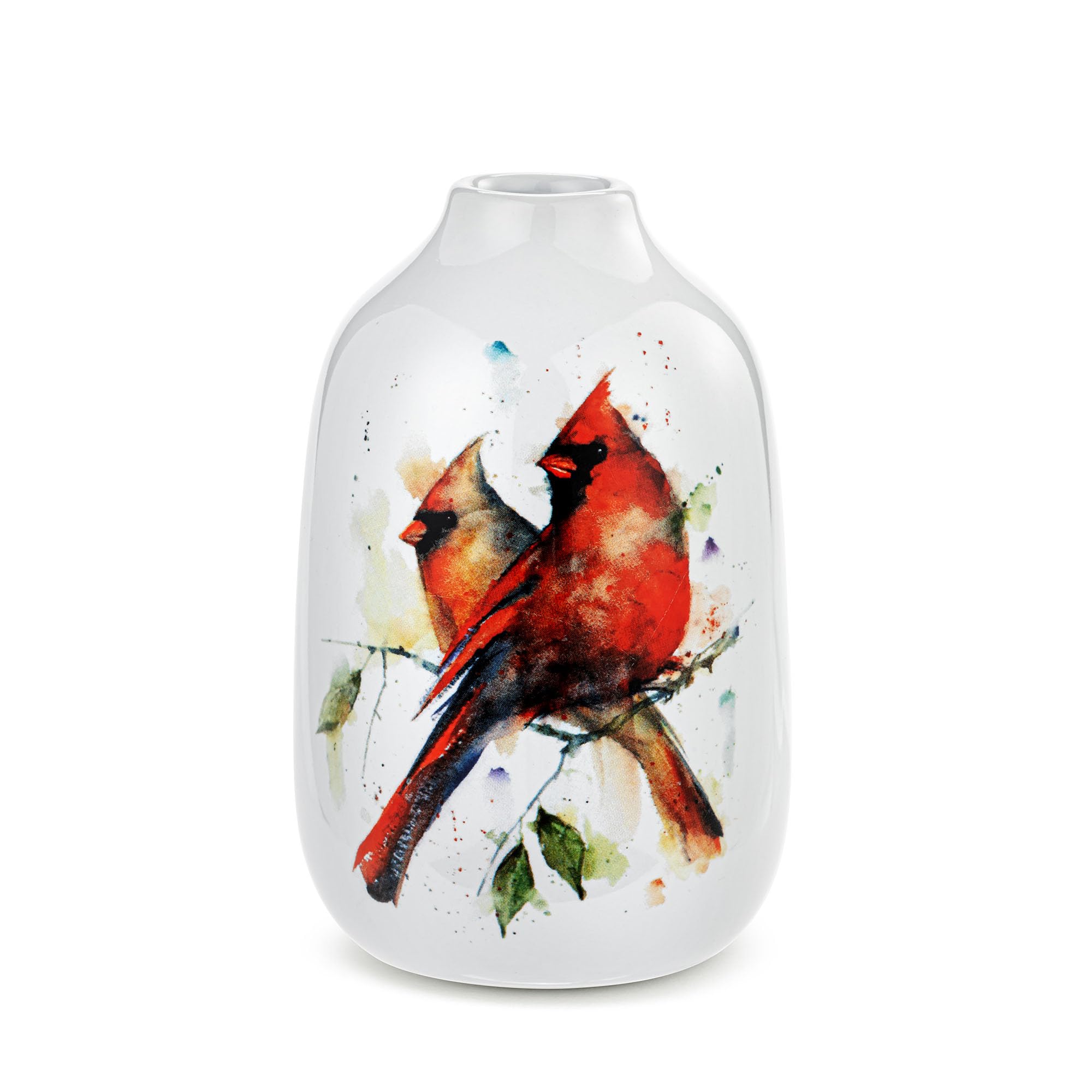 DEMDACO Dean Crouser Cardinal Pair Watercolor Style Design Multicolor 3 x 4.75 Stoneware Bud Flower Vase