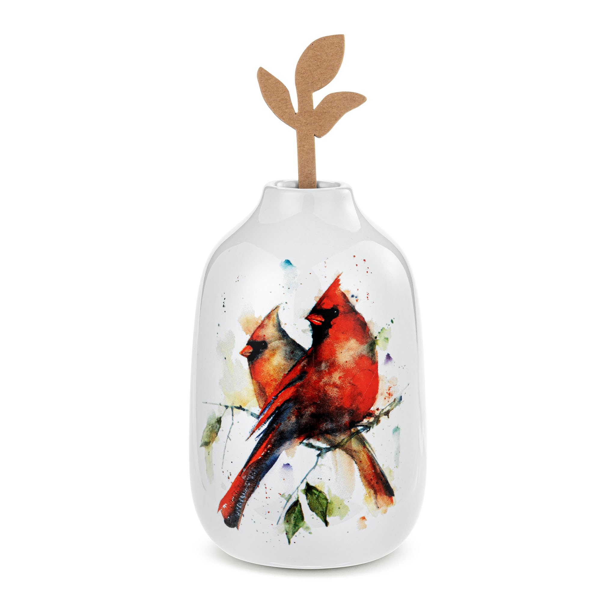 DEMDACO Dean Crouser Cardinal Pair Watercolor Style Design Multicolor 3 x 4.75 Stoneware Bud Flower Vase