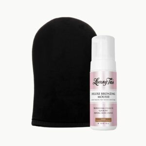 loving tan deluxe bronzing mousse, dark + deluxe applicator mitt - streak free, natural looking, professional strength sunless tanner - cruelty free, naturally derived dha - 4 fl oz