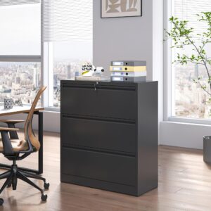 BIZOEIRON 3 Drawer Lateral File Cabinet with Lock, Metal Filing Cabinets for Home Office, Steel Storage Wide File Cabinet for Letter/Legal/F4/A4 Size with Hanging Bars(Black)
