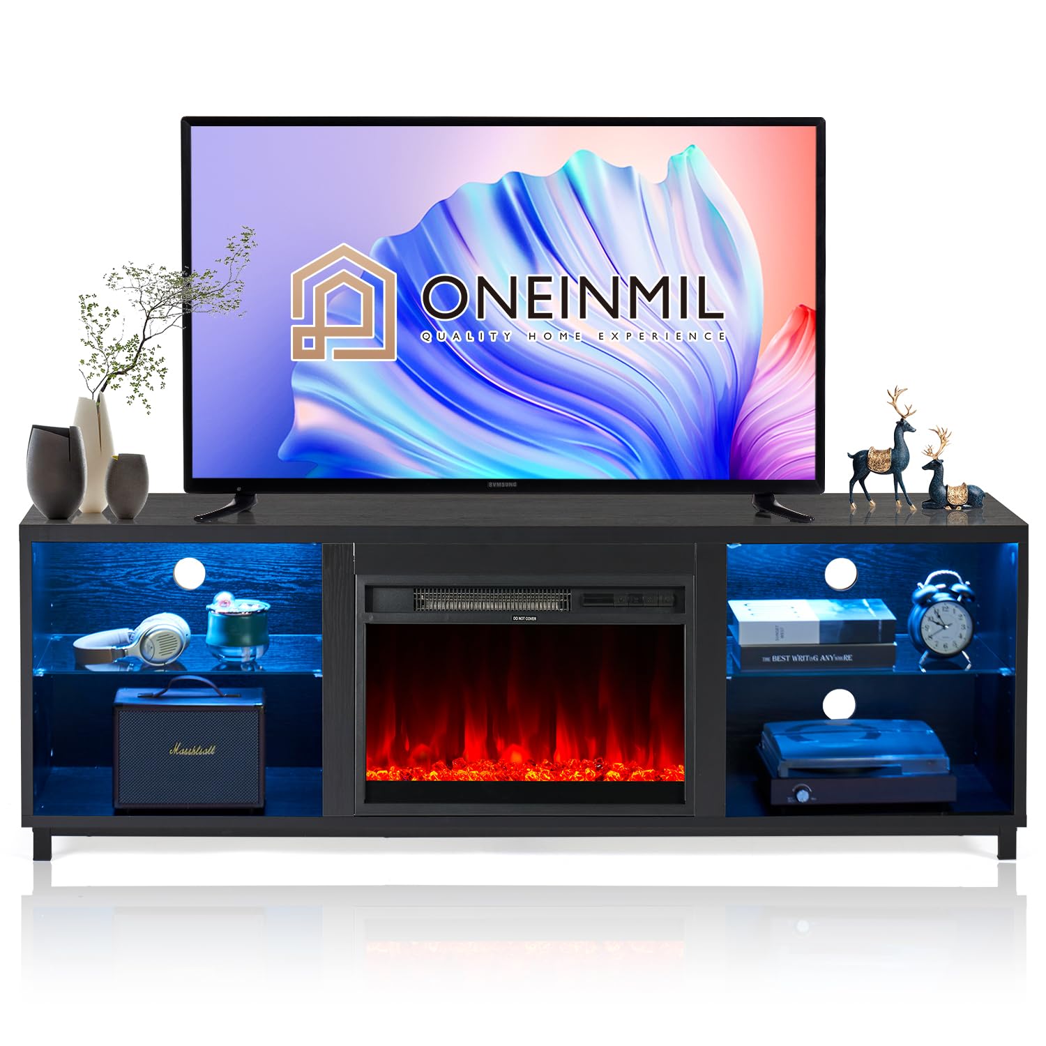 oneinmil 68 Inch Modern Fireplace TV Stand for TV up to 78 Inch for Living Room, TV Cabinet with 3D Electric Fireplace, Wood Storage TV Console, Media Entertainment Center with Cable Holes，Black