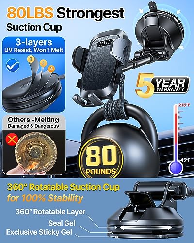 Phone Holders for Your Car [88 LBS Super Heavy Duty] Suction Cup Phone Holder Windshield/Dashboard/Window, Universal Car Phone Holder Mount, Compatible with iPhone, Samsung & Other Cellphone,Black