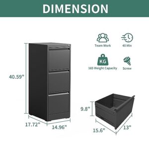 BIZOEIRON 3 Drawer File Cabinet with Lock, Metal Vertical Filing Cabinets for Home Office, Steel Storage Cabinet for Hanging Legal/Letter Size Files, Assembly Required (Black)