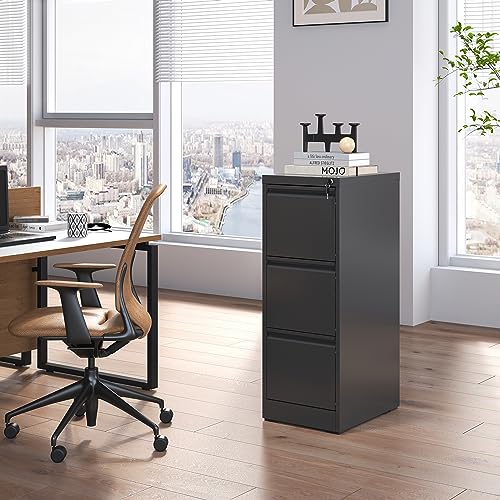 BIZOEIRON 3 Drawer File Cabinet with Lock, Metal Vertical Filing Cabinets for Home Office, Steel Storage Cabinet for Hanging Legal/Letter Size Files, Assembly Required (Black)