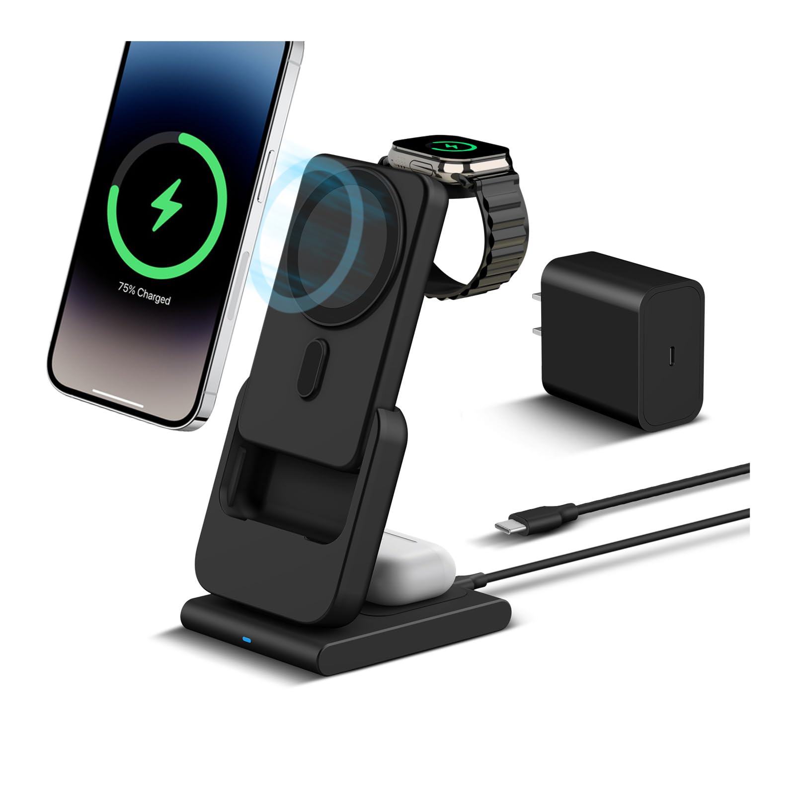 DDUAN 3 in 1 Wireless Charging Station, Foldable Fast Charger Stand with 5000mAh Mag-Safe Portable Battery Bank for iPhone 15/14/13/12, for All Apple Watch, for AirPods 2/3/Pro (Black)