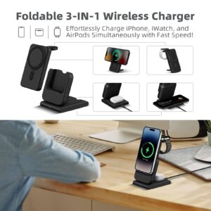 DDUAN 3 in 1 Wireless Charging Station, Foldable Fast Charger Stand with 5000mAh Mag-Safe Portable Battery Bank for iPhone 15/14/13/12, for All Apple Watch, for AirPods 2/3/Pro (Black)