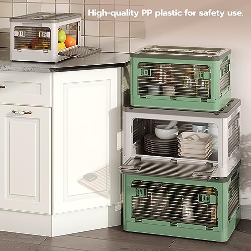 HOOBRO 22.2 Gal Plastic Storage Bins with Lids, Collapsible Storage Bin with Wheels, Folding Storage Box, Stackable Storage Bins with 5 Doors, for Home, Office Organizing, 3-Pack, Green JG84CWP301