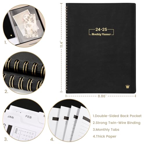 2024-2025 Monthly Planner - 18 Monthly Planner/Calendar 2024-2025, Jul 2024 - Dec 2025, 8.86" x 11.4", Monthly Tabs, Faux Leather, Pocket, 25 Note Pages, Passwords, Twin-Wire Binding, Thick Pape