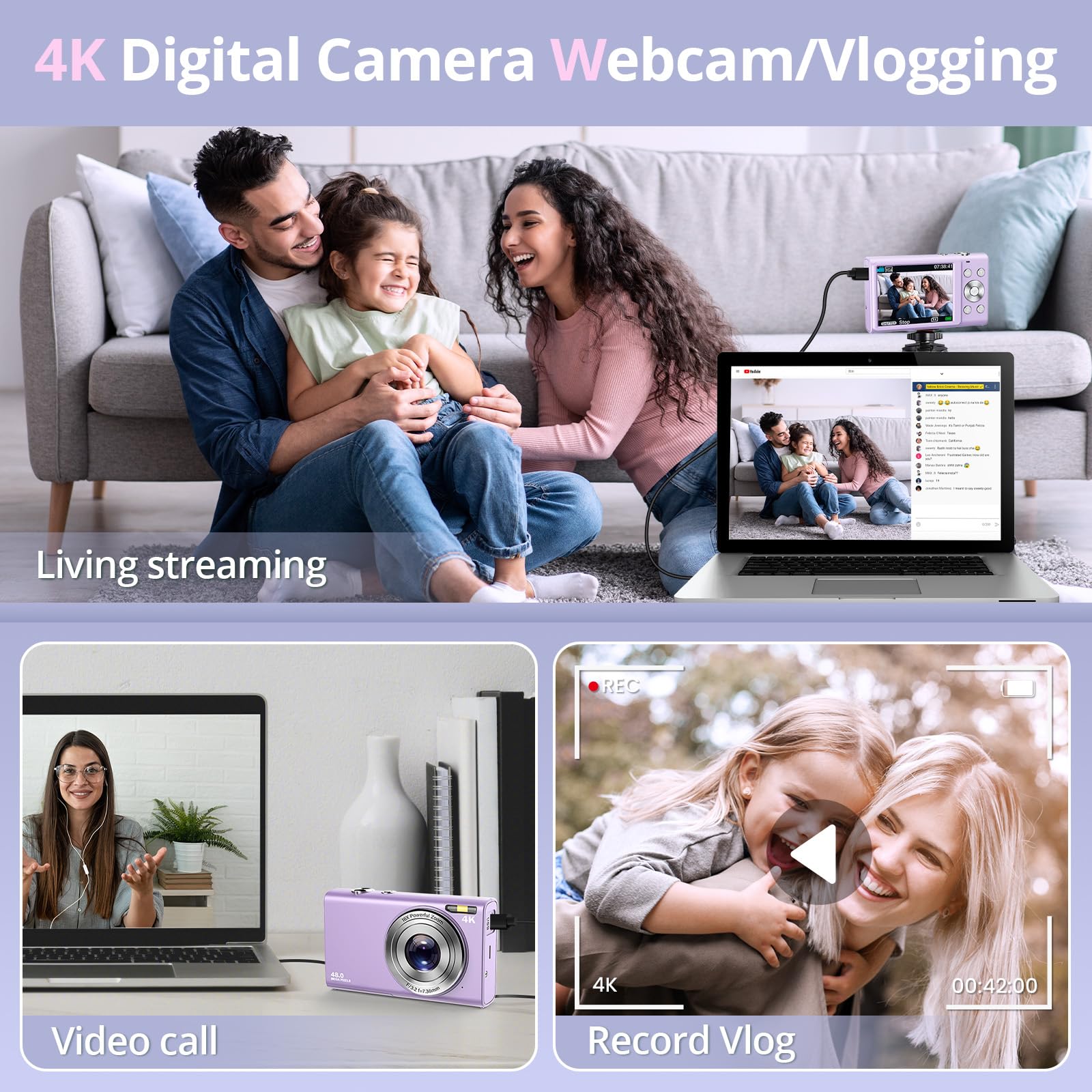 Digital Camera, Autofocus FHD 4K Vlogging Camera 48MP 16X Digital Zoom Digital Camera with 32GB Memory Card Portable Compact Small Video Camera for Teens Adult Beginner