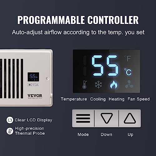 VEVOR Register Booster Fan, Quiet Vent Booster Fan Fits 4” x 10” Register Holes, with Remote Control and Thermostat Control, Adjustable Speed for Heating Cooling Smart Vent, White